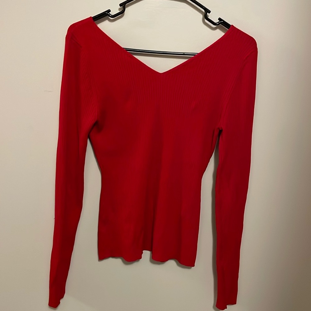 Express Red V-Neck Ribbed Sweater - Picture 3 of 3